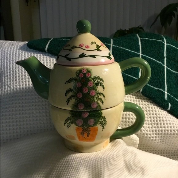🎄Bella Casa by Ganz Tea for One Stackable Tea Pot & Mug Set Cafe Topiary Floral - Picture 1 of 14